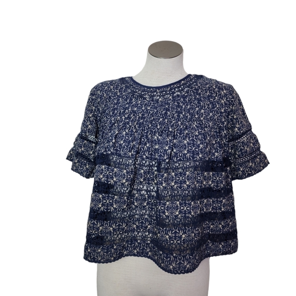 Wilfred Beaudry Blue Intricate Lace Crew Neck Short Sleeve Blouse Size XXS